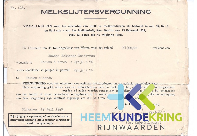 Melkslijters vergunning J. Gerritzen 19-07-1949